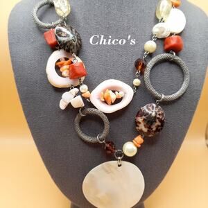 Chico's Shell Faux Pearl Stone Beaded Necklace, Two Strands, 20 Inches